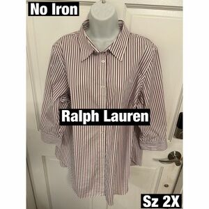 Ralph Lauren Women’s  Striped Shirt - White and Red No Iron button Down Sz 2X